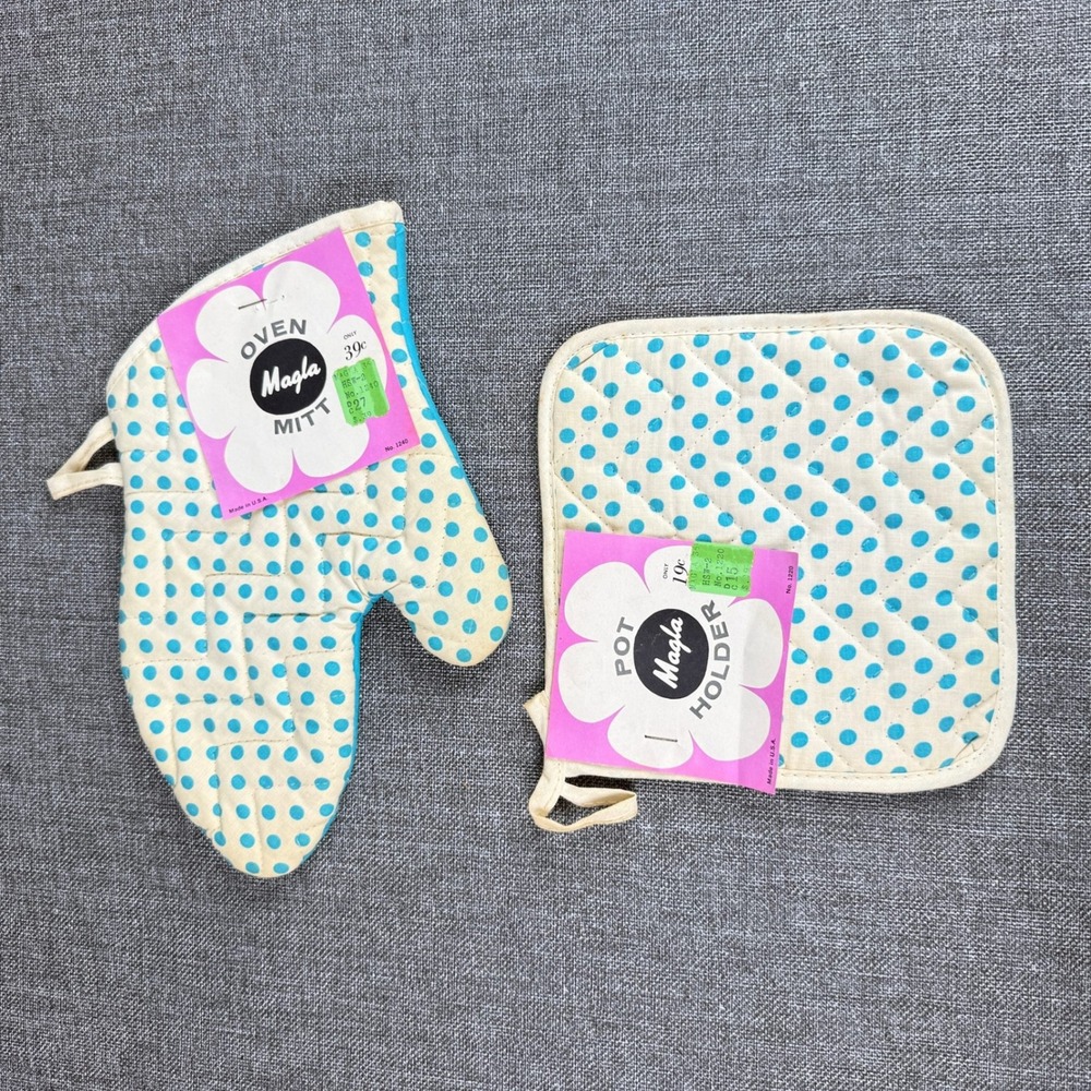 Magla Vintage Oven Mitt Pot Holder Set Blue Polka Dot No 1240 1220 New W Tags
